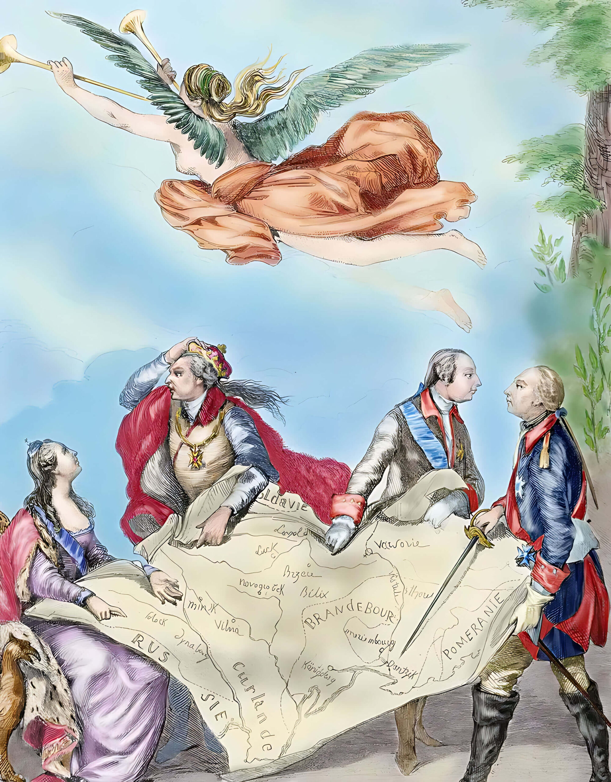 Саркастическая аллегория первого раздела Польши: царица Екатерина II, Иосиф II и Фридрих II (слева направо) работают над картой, а Станислав II Август отчаянно хватается за корону. (Первоначально неокрашенный оригинал рисунка был сделан в 1773 г.)