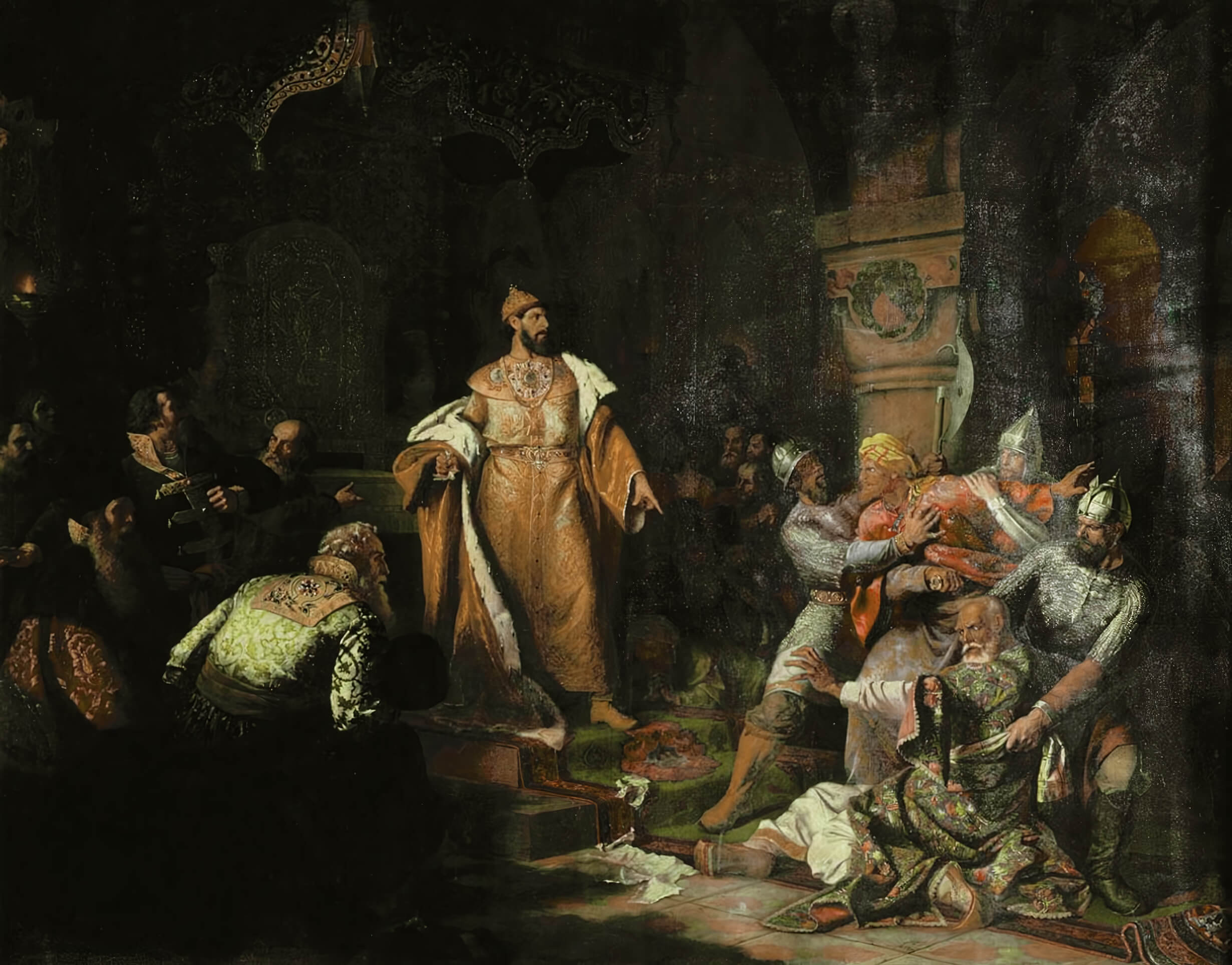 Н. С. Шустов «Иван III свергает татарское иго, разорвав изображение хана и приказав умертвить послов»
