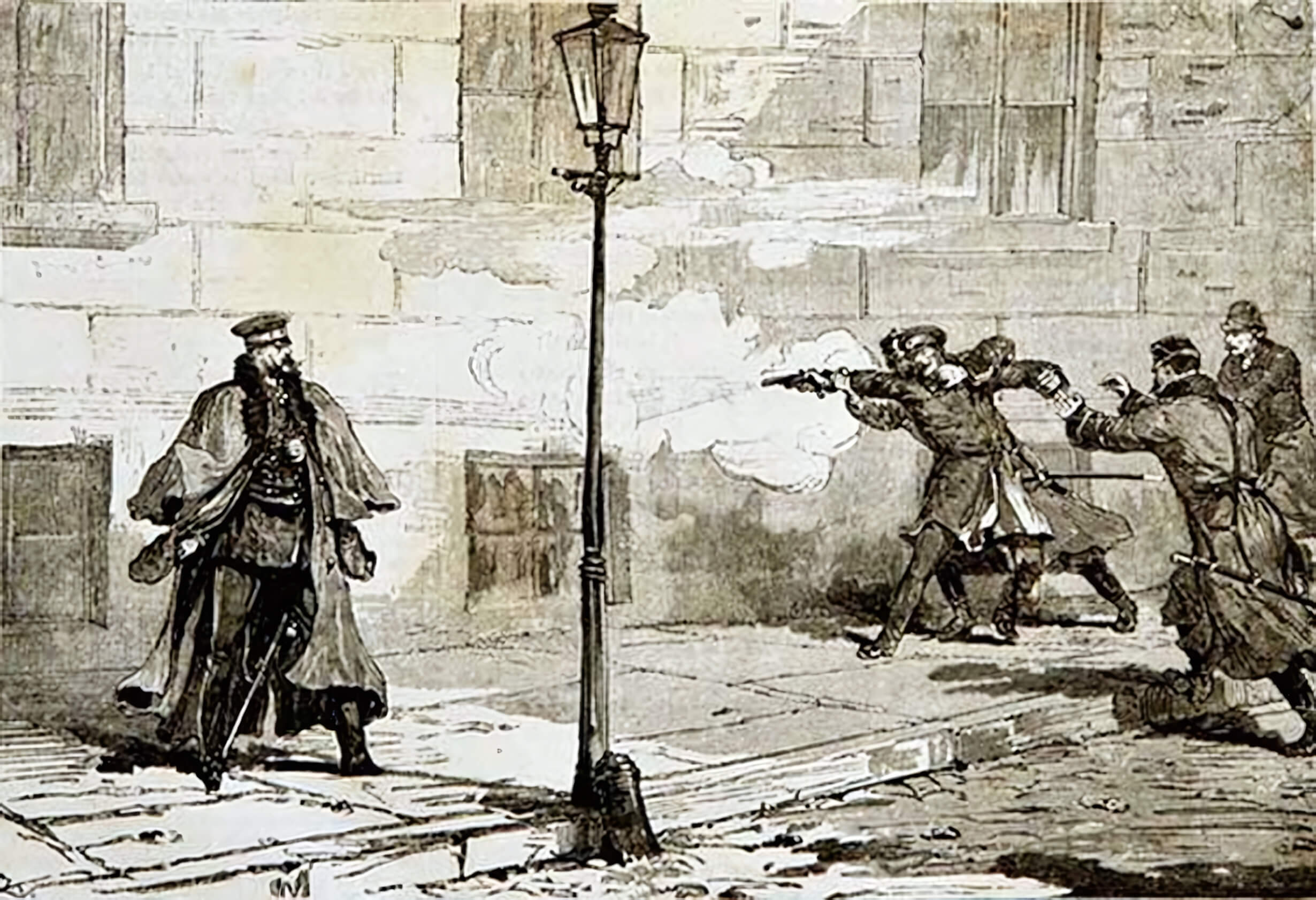 Нападение Александра Соловьева на императора. Иллюстрация из итальянской газеты «L'Illustrazione Italiana», 4 мая 1879 года.