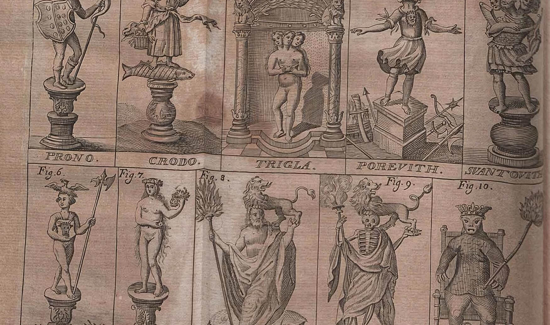Триглав на табличке, опубликованной в Acta Erudorum 1715 года, как иллюстрация к обзору Historia lusatica Сэмюэля Гроссера